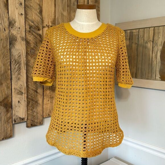 Anthropologie Angel of the North Womens Senoia Boho Sweater Mustard Crochet XS - Picture 2 of 14